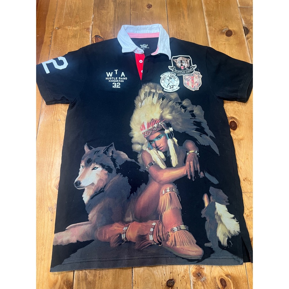 Hustle Gang Mens Black Graphic Polo Shirt Wolf Native American Chief Patch Sz L
